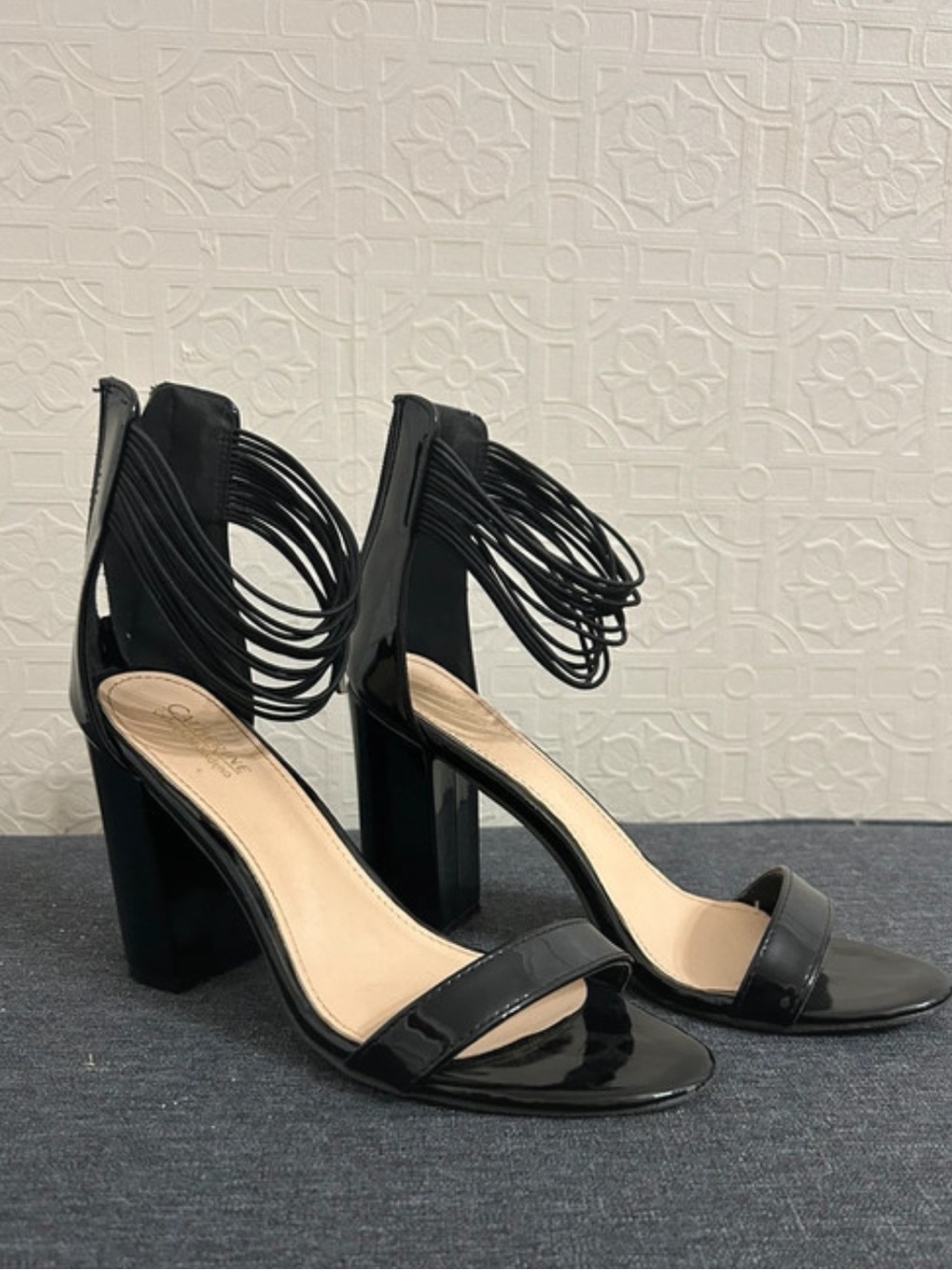 Catherines Black Patent Block Heel Sandals with Ankle Wrap